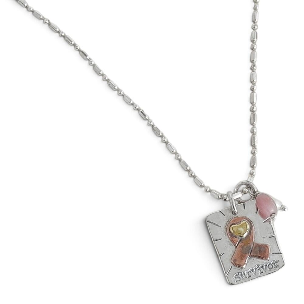 Far Fetched Survivor Cancer Ribbon Pendant Sterling Silver Necklace 22" 5.7g